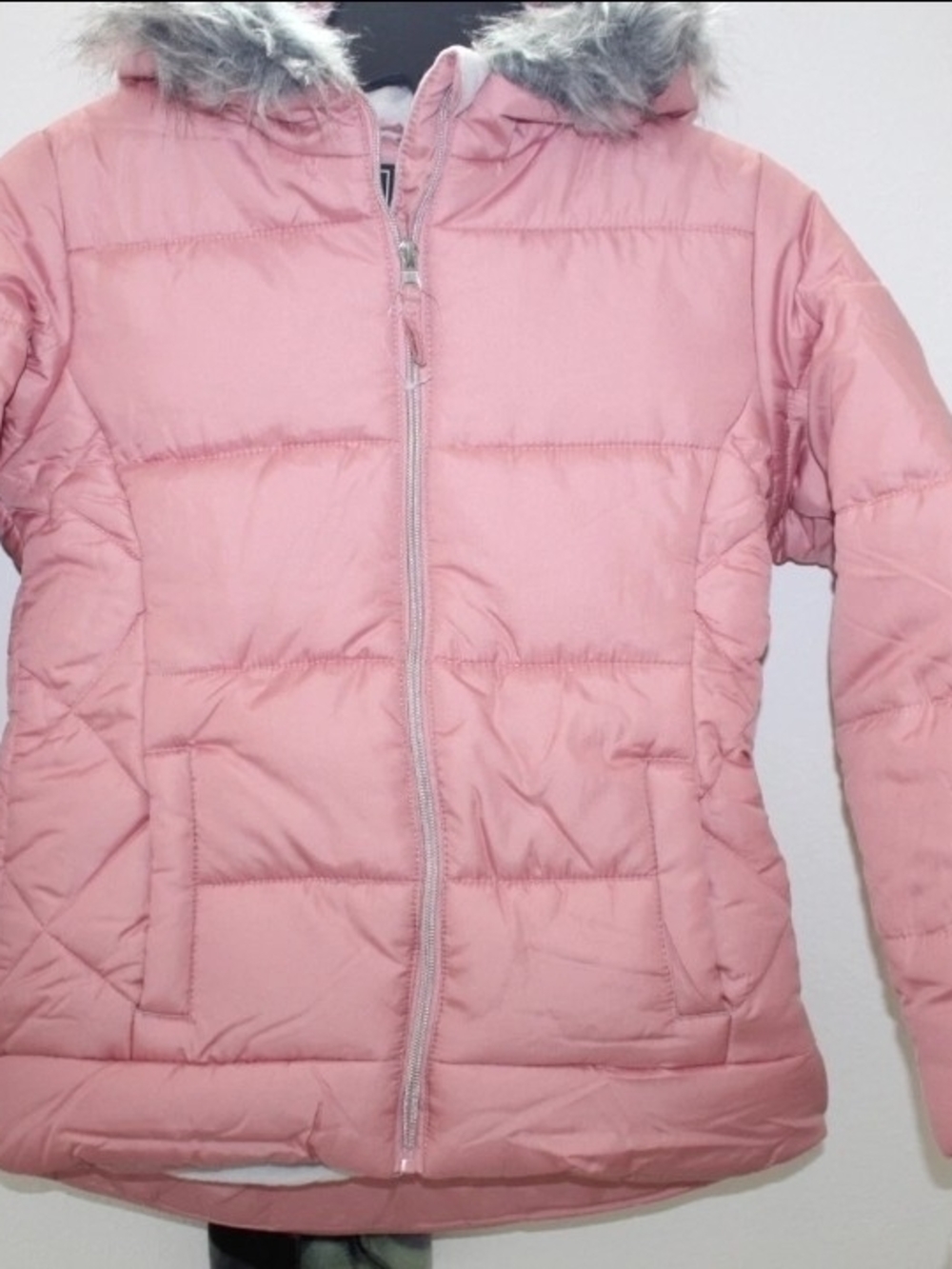 Pink Puffer Jacket with Faux Fur Trim W/Scarf Kids 10/12